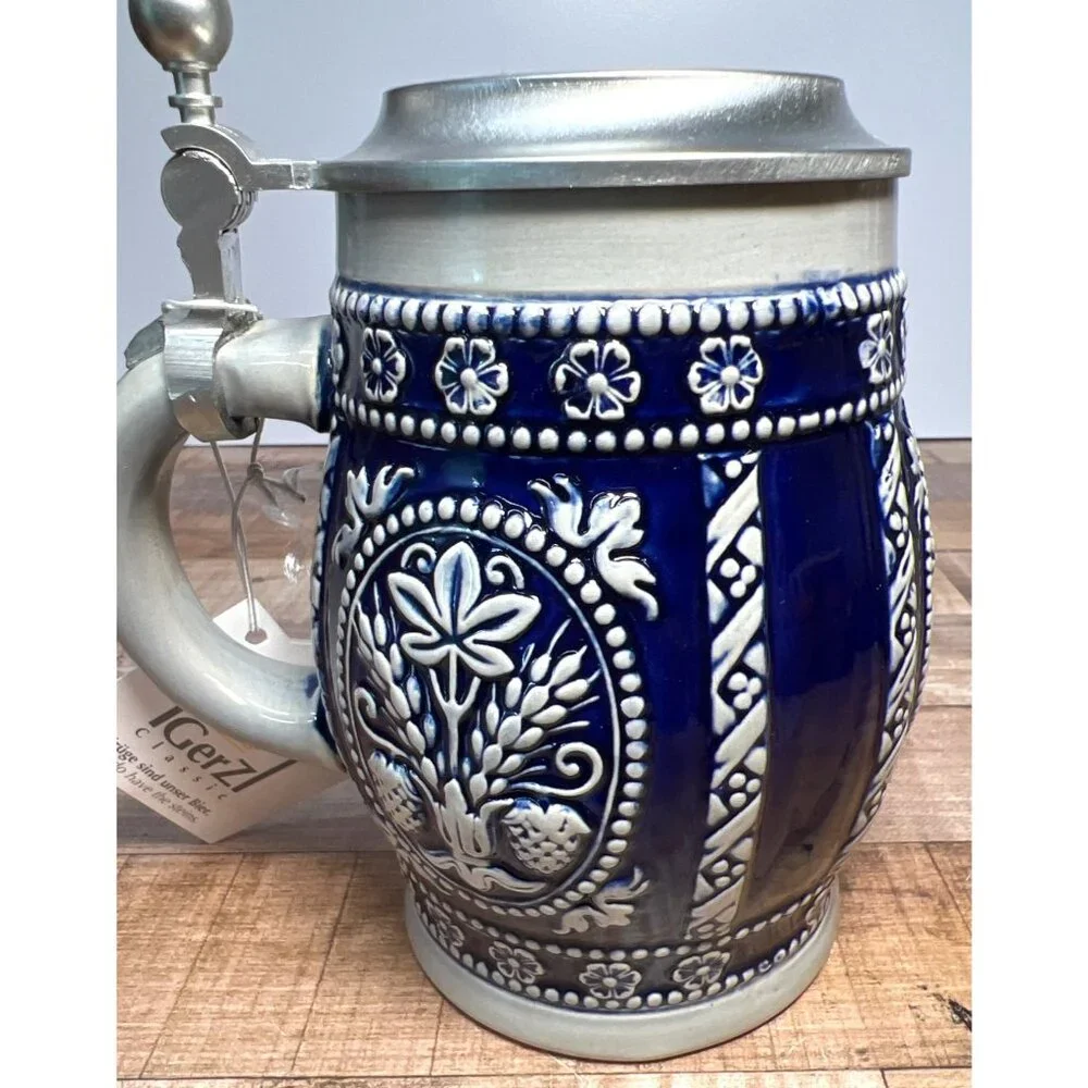 Handcrafted Gerz Stein Mug With Pewter Lid Ceramic 0.5L Germany Floral Design
